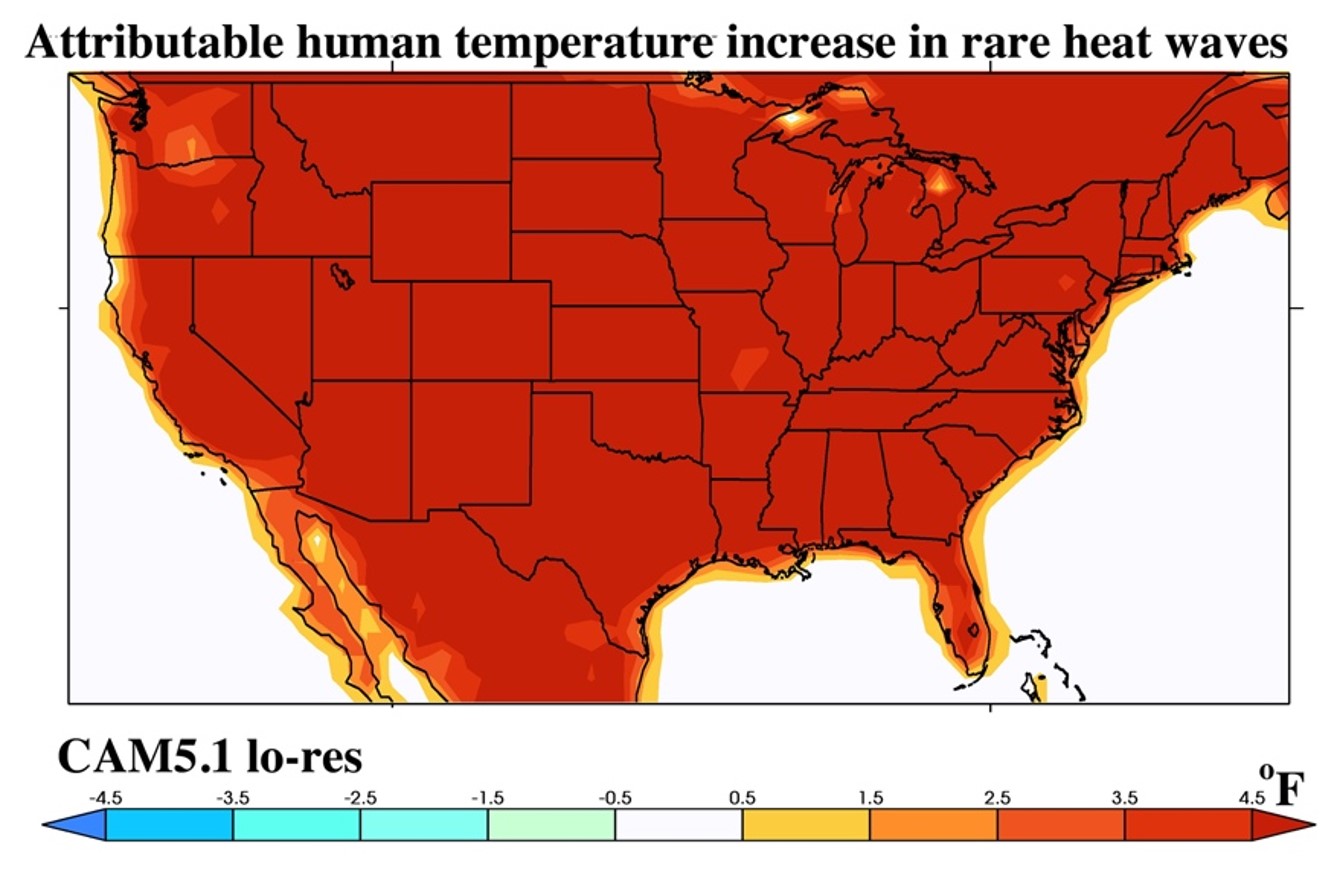 Map of attributable human temperature increase in rare heatwaves in the United States.