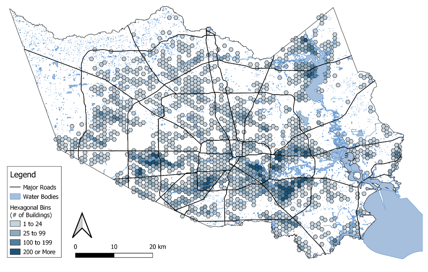 Map of Harris County, Texas during Hurricane Harvey, where each hexagonal bin symbolizes the number of residential buildings that would not have flooded without the added impact of climate change.