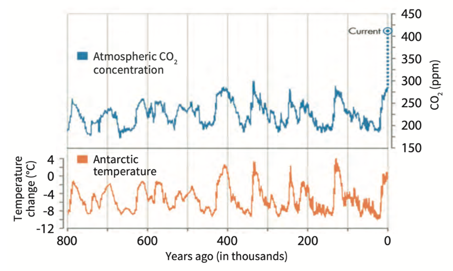 Line graph comparing levels of atmospheric carbon dioxide and Antarctic temperature.
