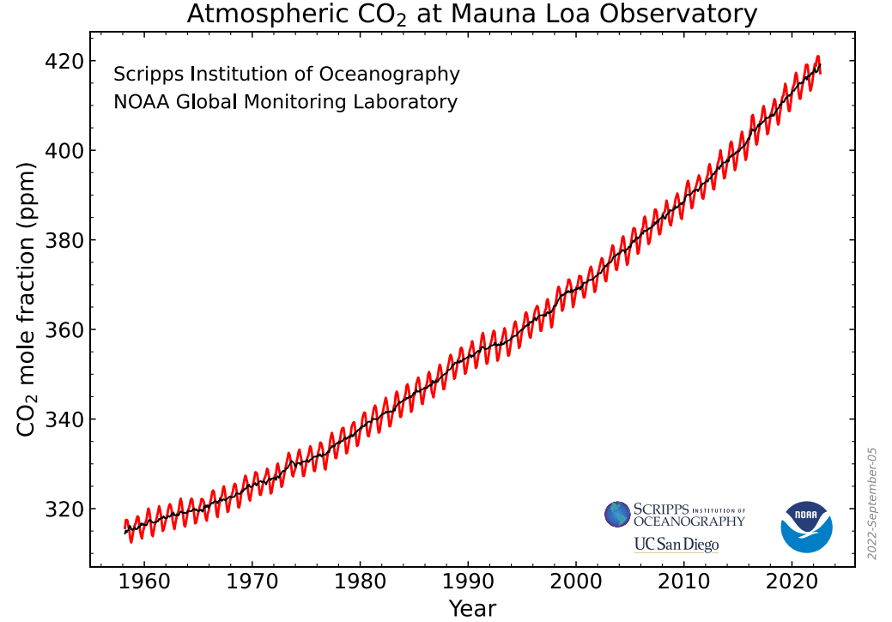 Line graph showing average carbon dioxide in the atmosphere at the Mauna Loa Observatory