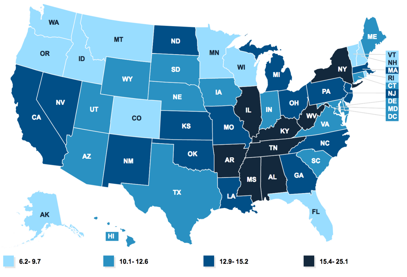 Map of reported deaths per 100,000 people across 50 states. 