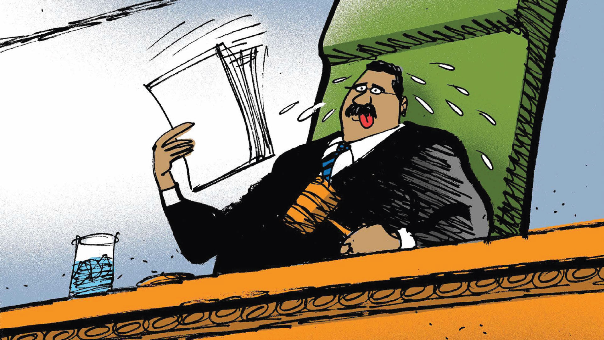Cartoon showing a judge sweating while holding a thick stack of papers