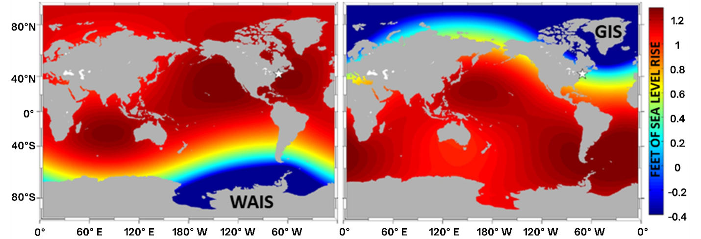 Two global maps with colors representing sea level rise if an ice sheet melted.