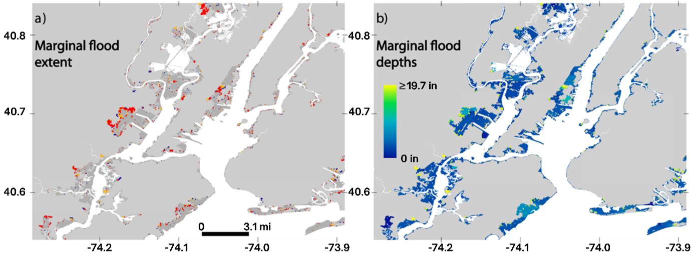 Two comparative maps demonstrating the estimated contribution to Superstorm Sandy flood extent due to human-caused sea-level rise. 