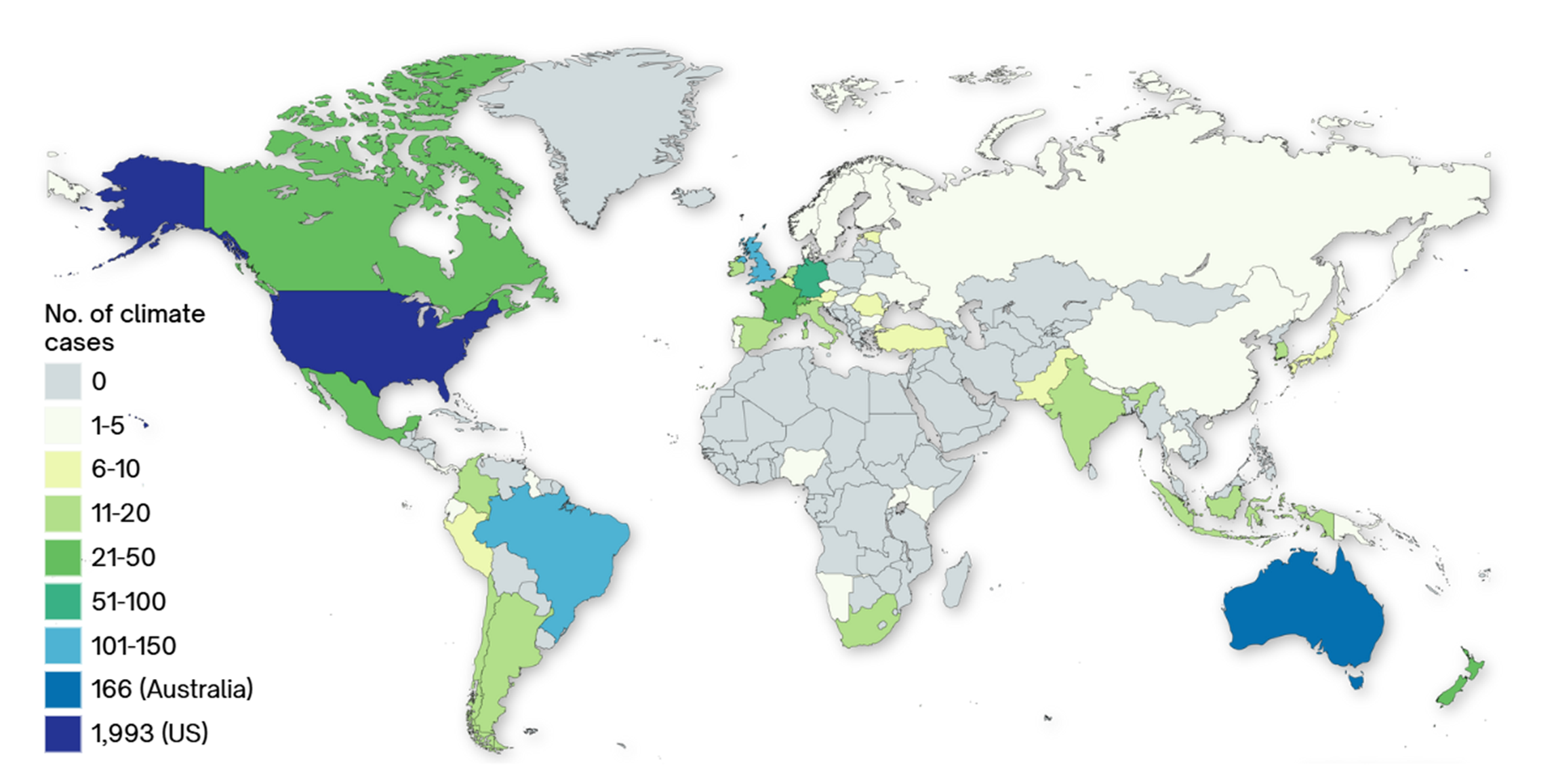 Map showing number of climate cases by country.