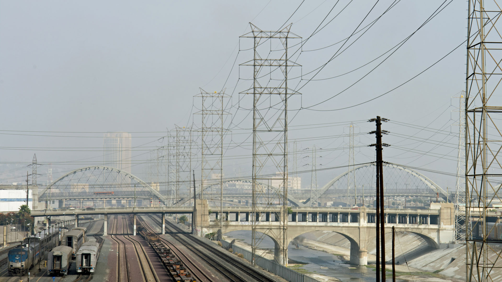 Power transmission lines in the industrial area of a city