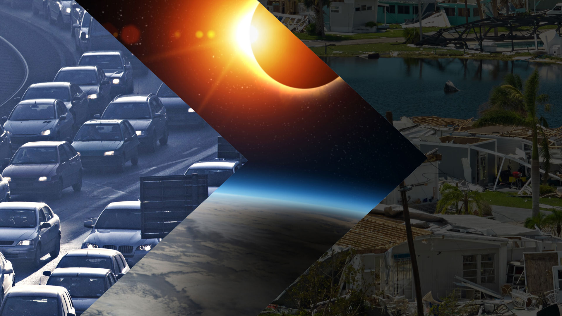 Collage showing traffic, heating atmosphere, and storm damage
