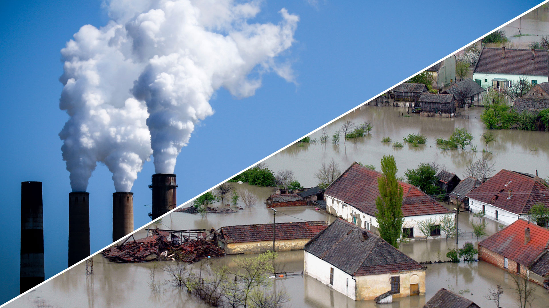 Collage showing smoke stacks and homes under flood waters