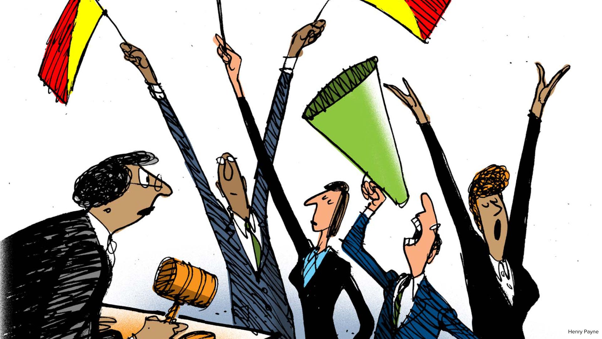 Judge in front of attorneys with flags and a microphone throwing their hands up in the air.