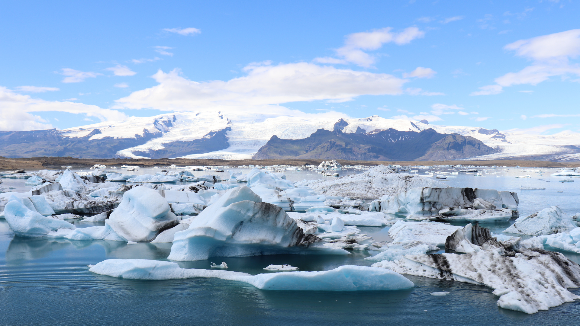 Ice floating on water with snowcapped mountains in the background.