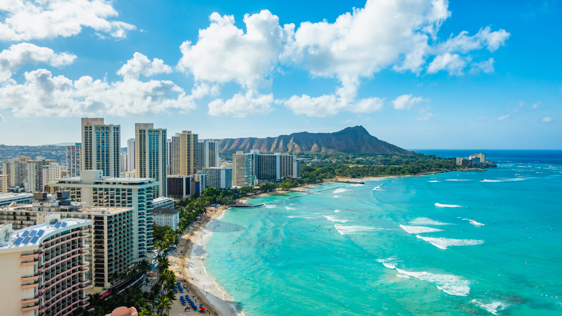 Waikiki Beach, hotels, blue water, Diamond Head