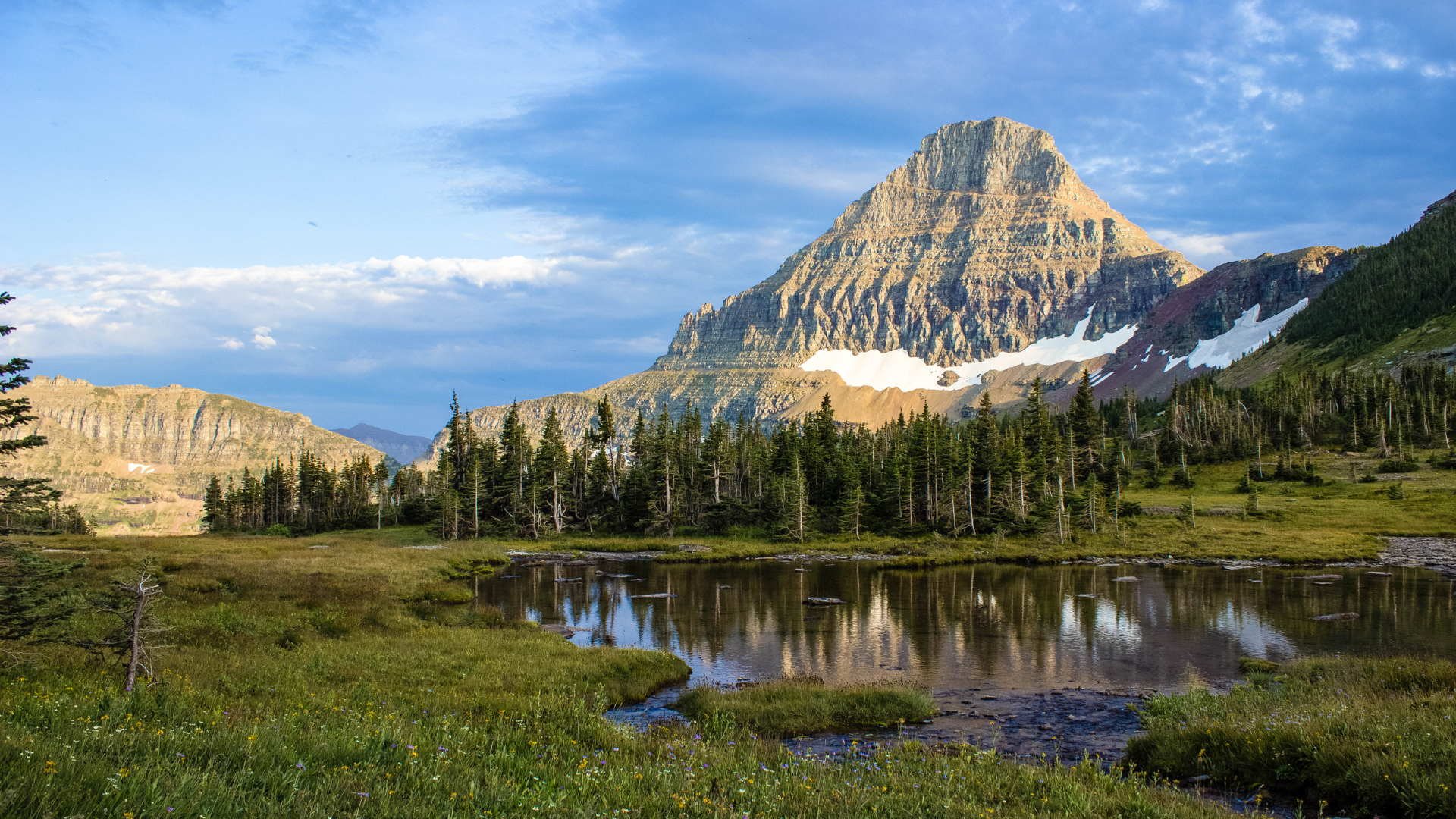 Mountains and a lake. 